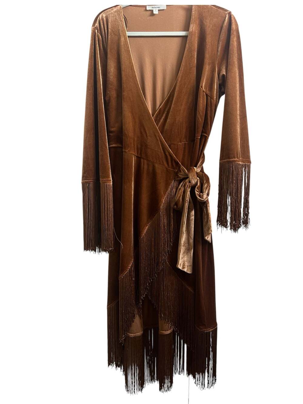 Lalavon Velvet Western Chic Wrap Dress Slinky Midi Fringe Trim Boho Chic M